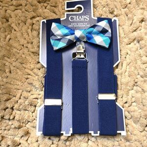 New Chaps Boys‎ Navy Suspender Blue Plaid Bow Tie Set Formal Ringbearer Easter